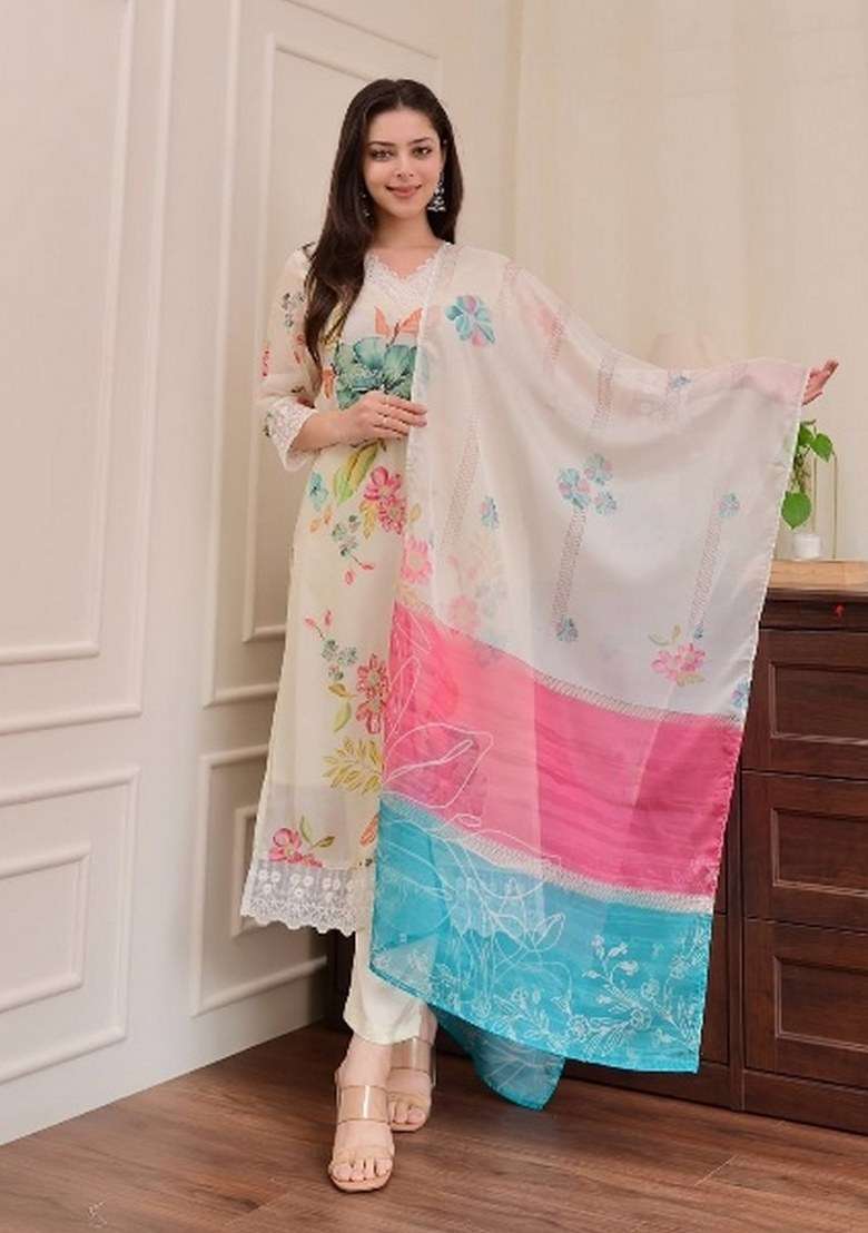 Cream Embroidered Art Silk Salwar Kameez With Dupatta - Indya