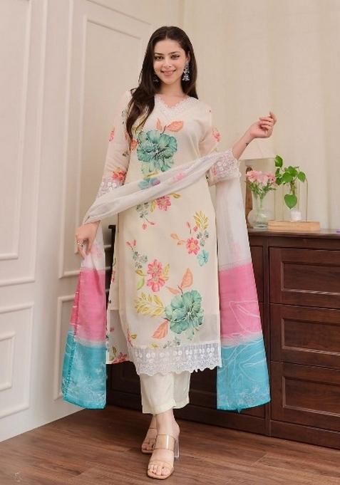 Cream Embroidered Art Silk Salwar Kameez With Dupatta
