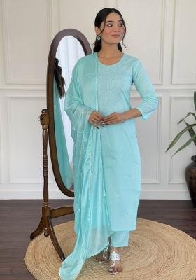 Sky Blue Embroidered Cotton Salwar Kameez With Dupatta