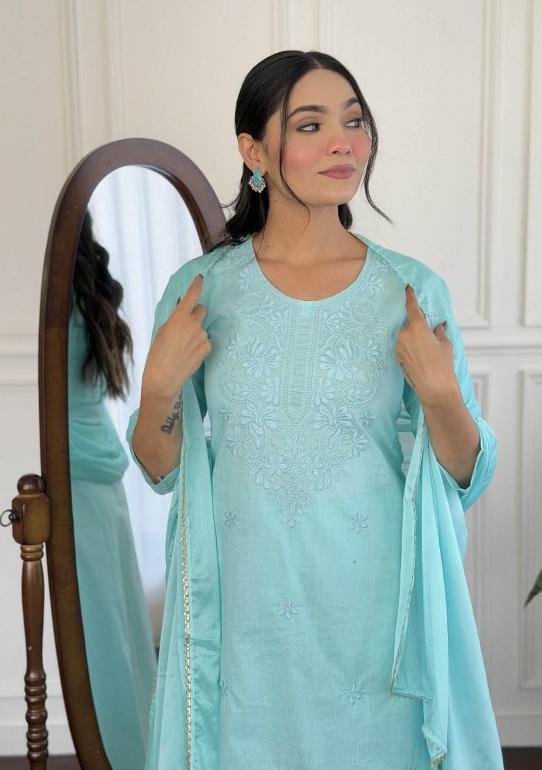 Sky Blue Embroidered Cotton Salwar Kameez With Dupatta