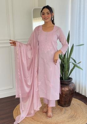 Pink Embroidered Cotton Salwar Kameez With Dupatta