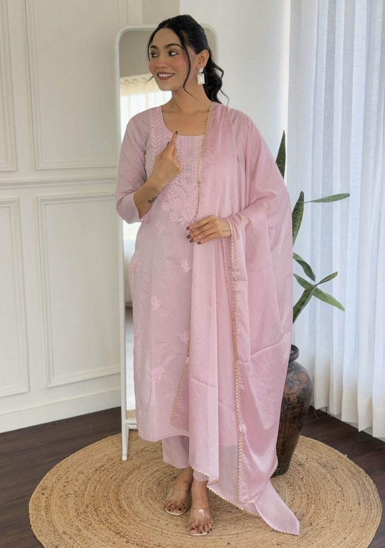 Pink Embroidered Cotton Salwar Kameez With Dupatta