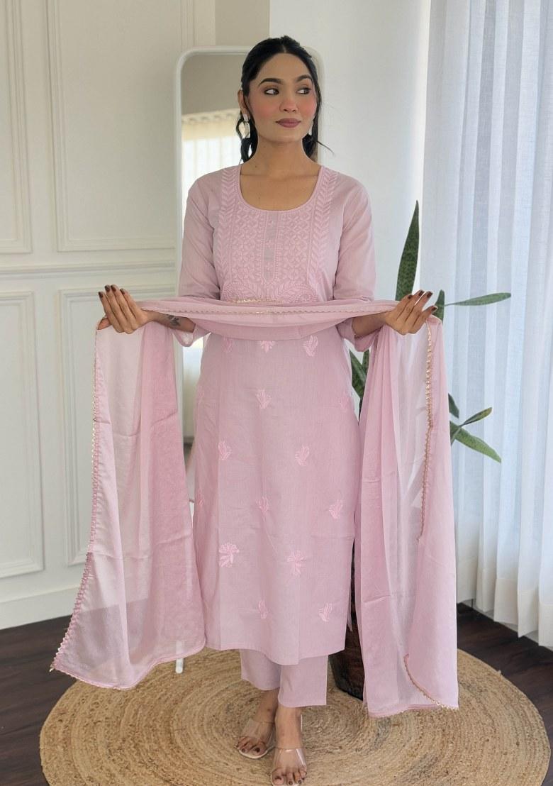 Pink Embroidered Cotton Salwar Kameez With Dupatta