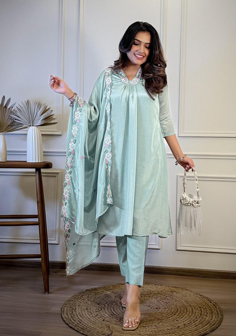 Blue Embroidered Chiffon Salwar Kameez With Dupatta