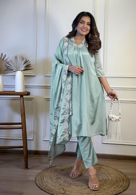 Blue Embroidered Chiffon Salwar Kameez With Dupatta