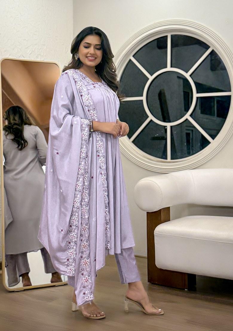 Lavender Embroidered Chiffon Salwar Kameez With Dupatta