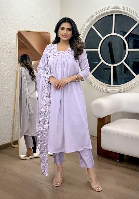 Lavender Embroidered Chiffon Salwar Kameez With Dupatta