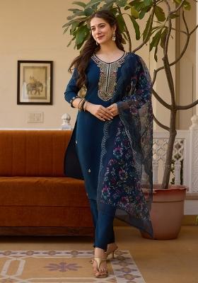 Blue Embroidered Chanderi Salwar Kameez With Dupatta