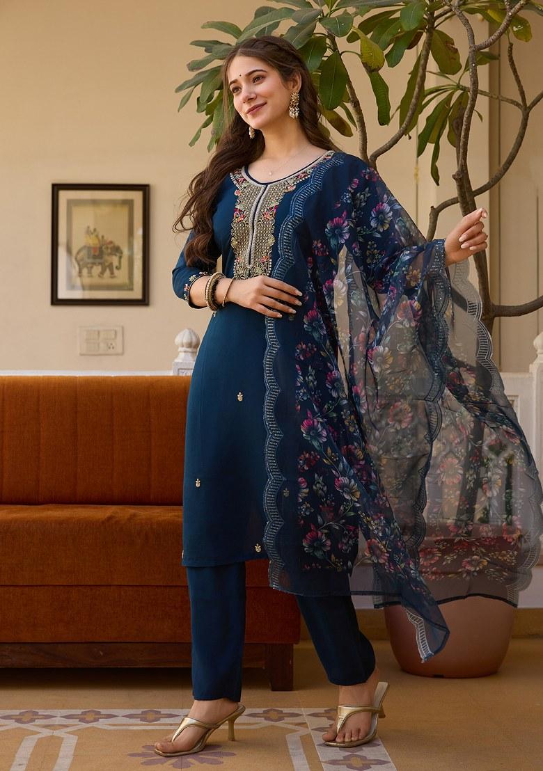 Blue Embroidered Chanderi Salwar Kameez With Dupatta