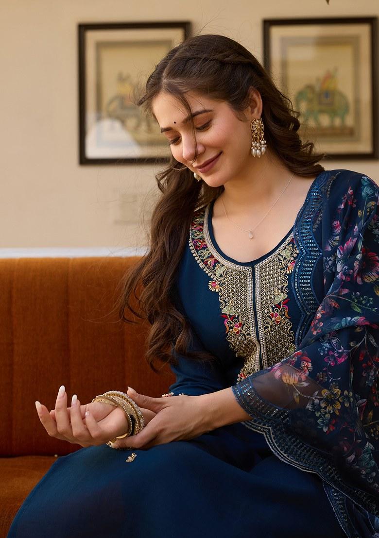 Blue Embroidered Chanderi Salwar Kameez With Dupatta