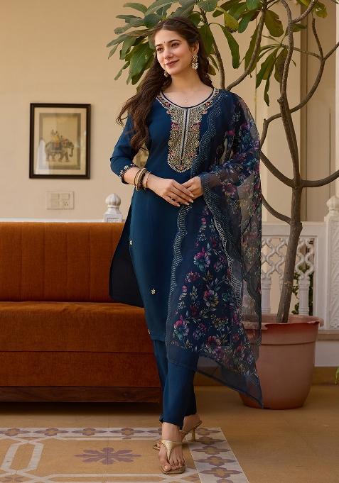 Blue Embroidered Chanderi Salwar Kameez With Dupatta