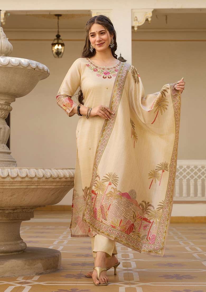 Beige Embroidered Viscose Pakistani Suit Set - Indya