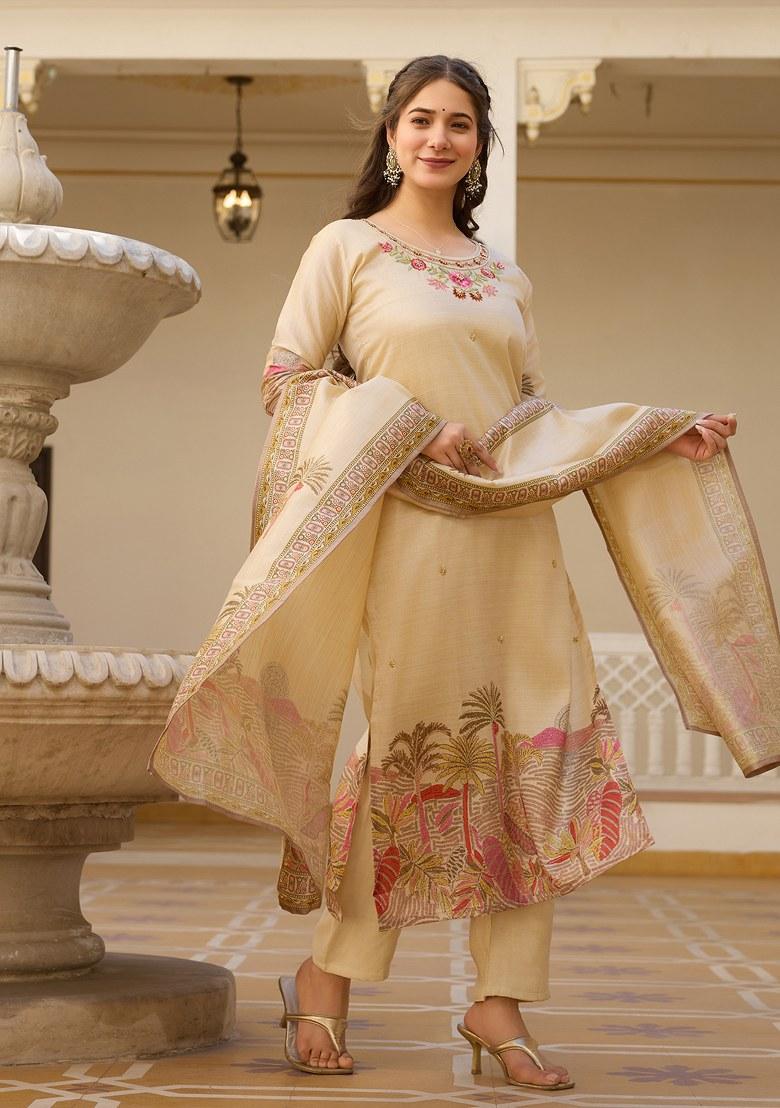 Beige Embroidered Viscose Salwar Kameez With Dupatta