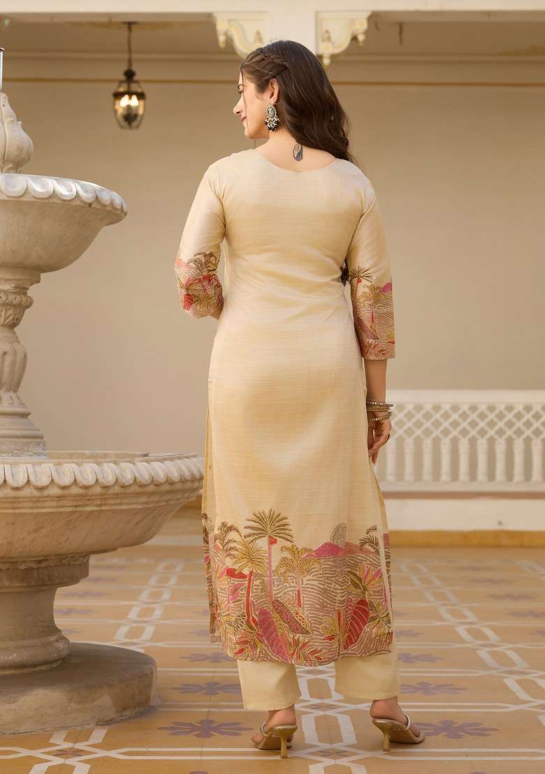 Beige Embroidered Viscose Pakistani Suit Set - Indya