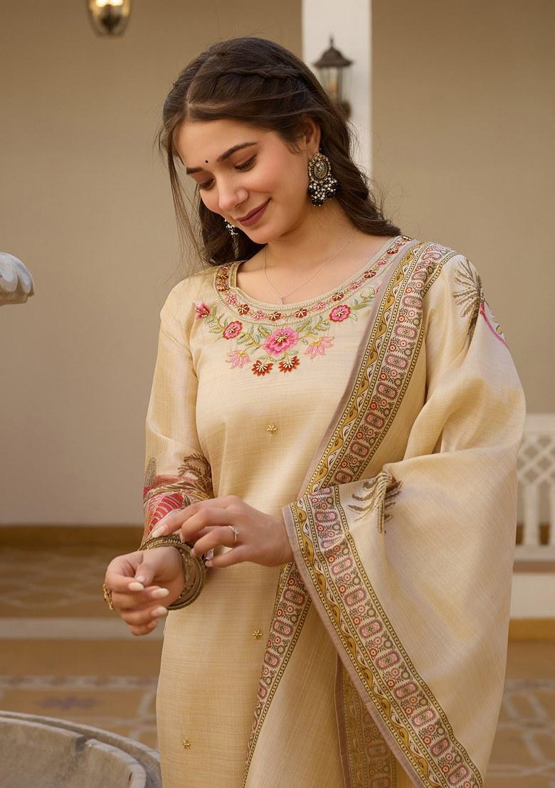 Beige Embroidered Viscose Salwar Kameez With Dupatta