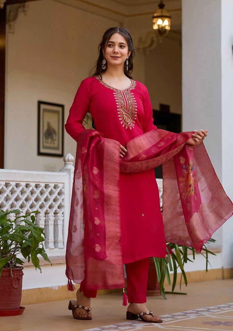 Red Embroidered Viscose Salwar Kameez With Dupatta