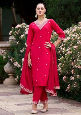 Red Embroidered Rayon Salwar Kameez With Dupatta