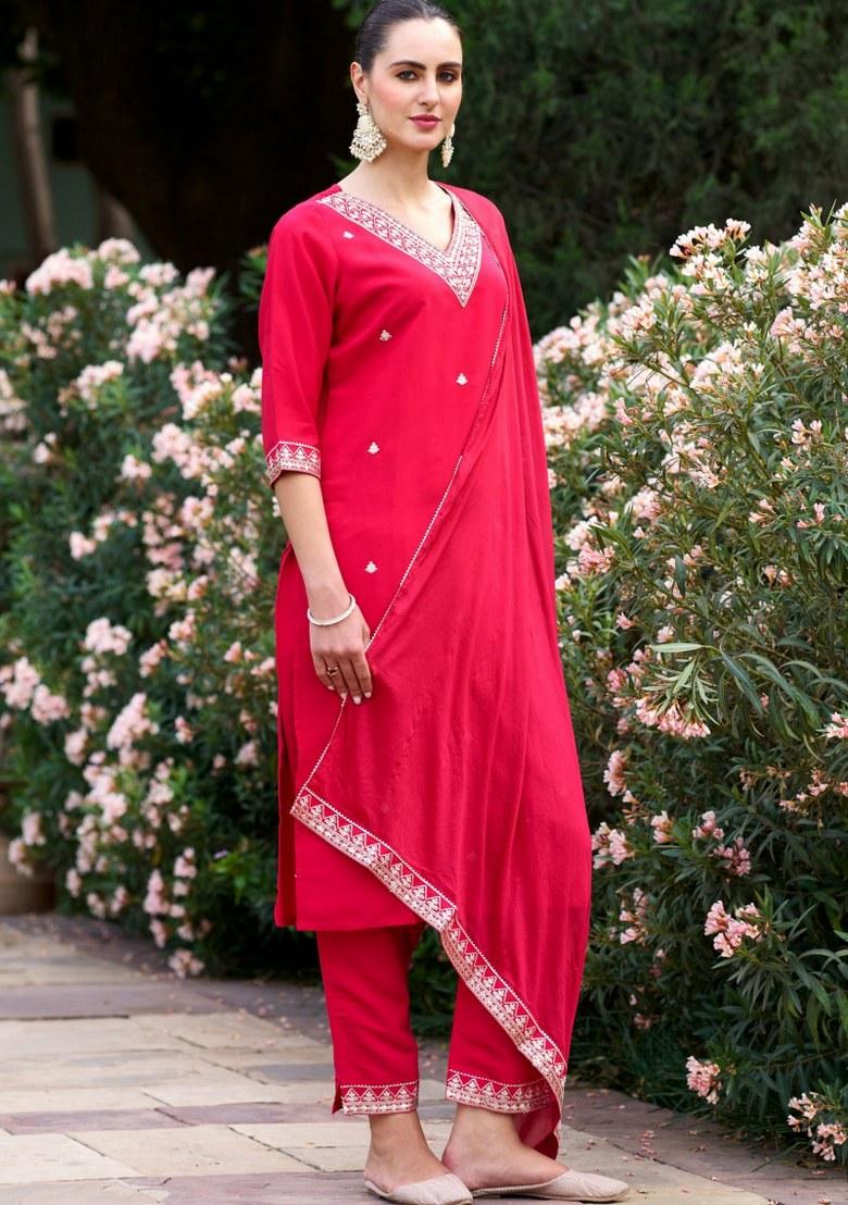 Red Embroidered Rayon Salwar Kameez With Dupatta