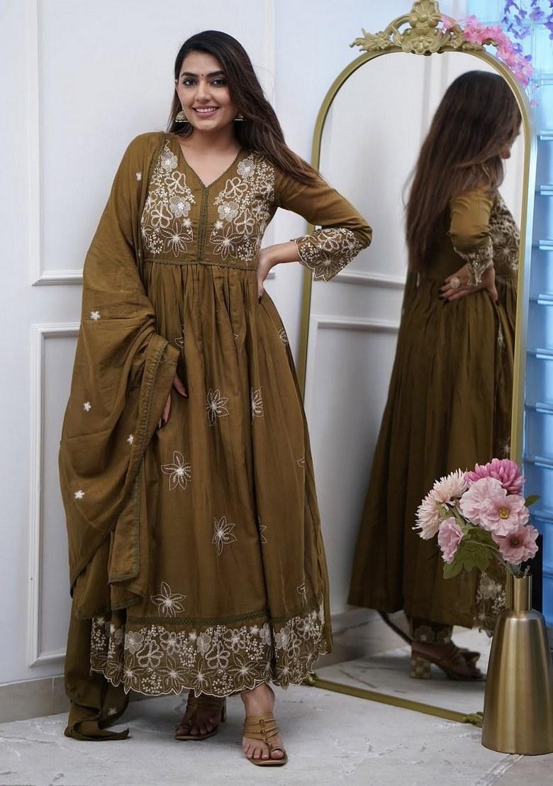 Green Embroidered Cotton Salwar Kameez With Dupatta