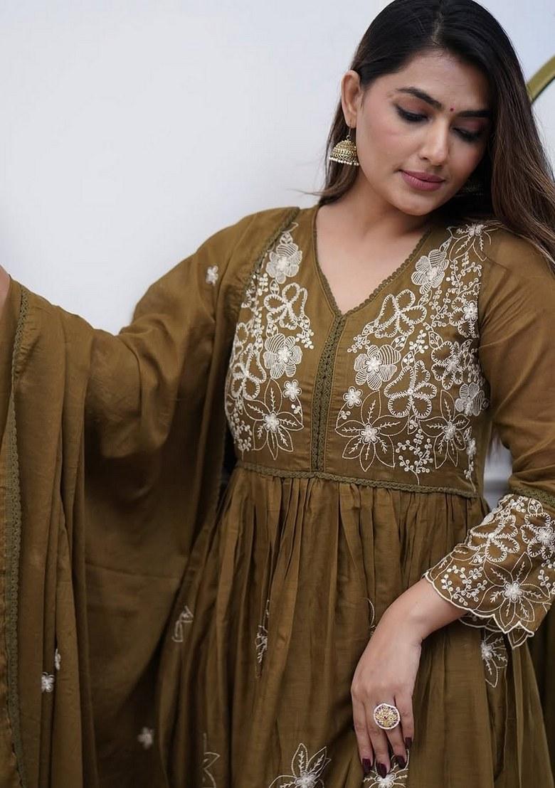 Green Embroidered Cotton Salwar Kameez With Dupatta