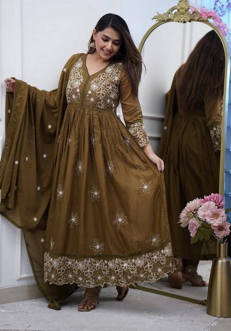 Green Embroidered Cotton Salwar Kameez With Dupatta