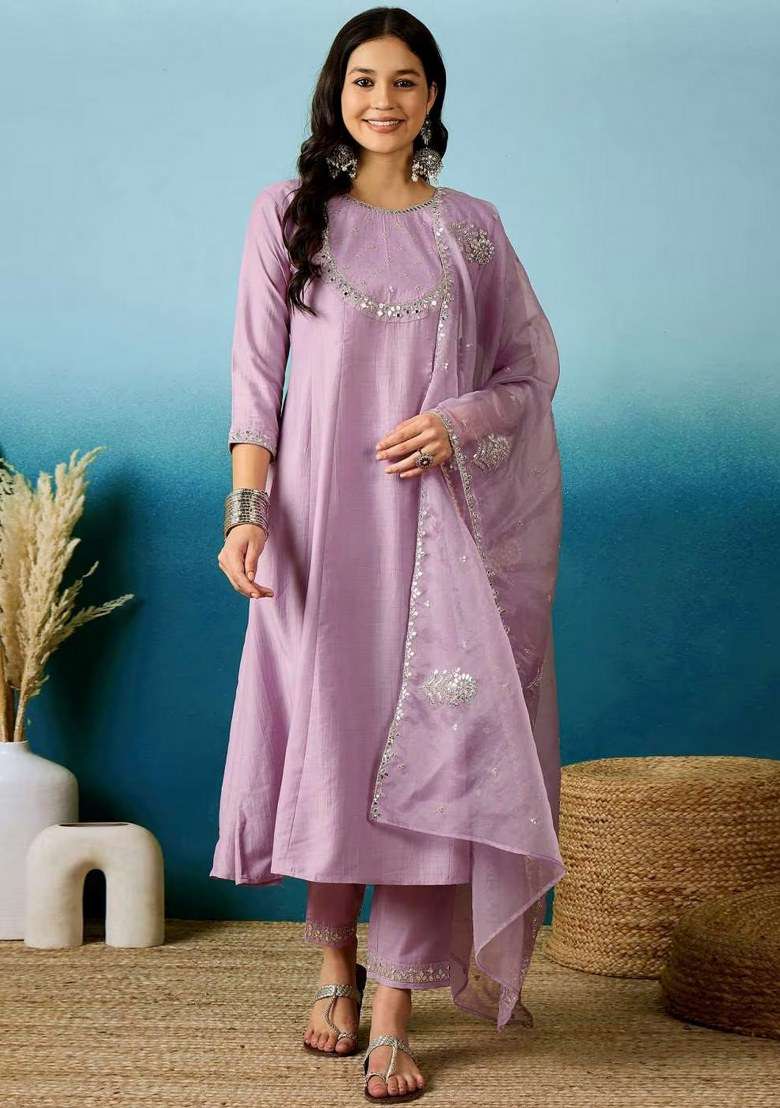Purple Embroidered Silk Straight Kurta Set - Indya
