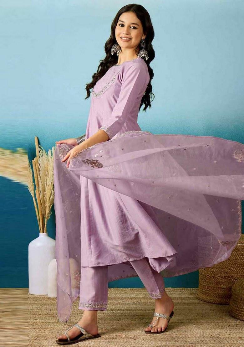 Purple Embroidered Art Silk Salwar Kameez With Dupatta