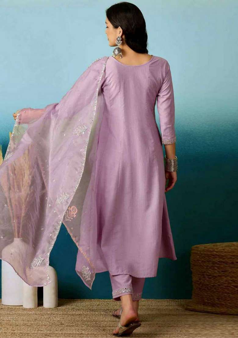 Purple Embroidered Silk Straight Kurta Set - Indya