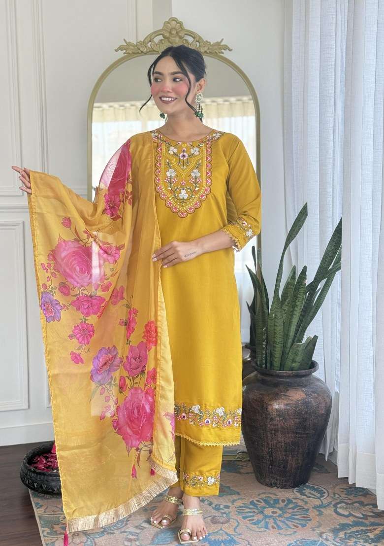 Yellow Embroidered Chanderi Straight Kurta Set - Indya