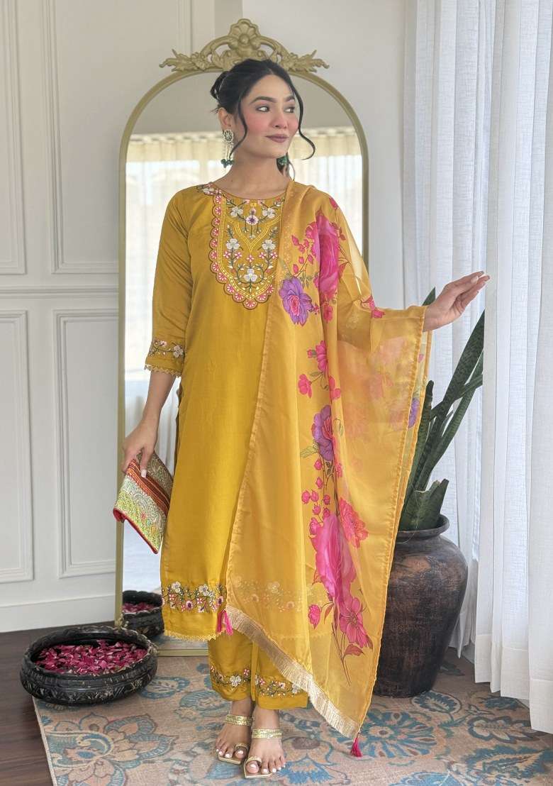 Yellow Embroidered Chanderi Straight Kurta Set - Indya