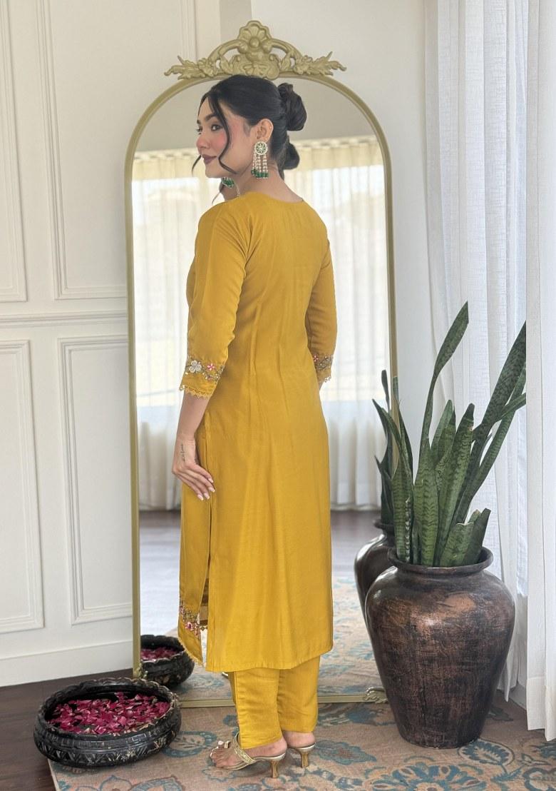 Yellow Embroidered Chanderi Salwar Kameez With Dupatta
