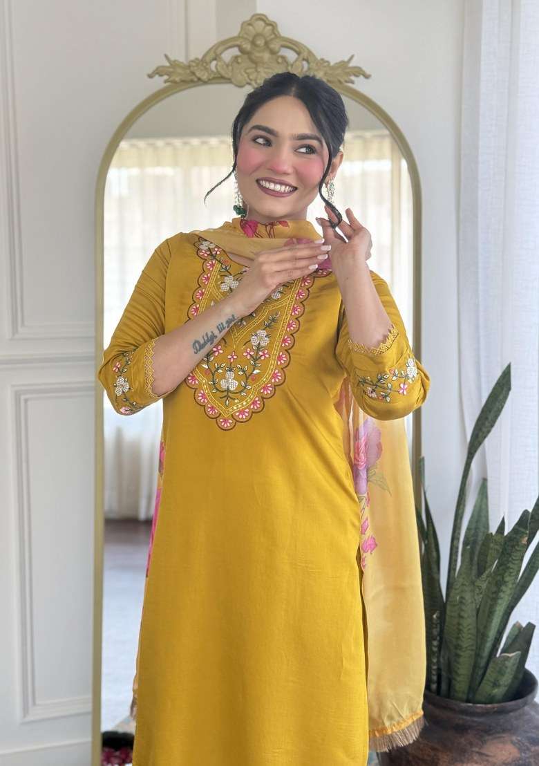Yellow Embroidered Chanderi Straight Kurta Set - Indya
