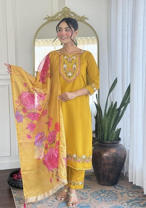 Yellow Embroidered Chanderi Salwar Kameez With Dupatta