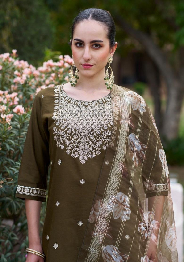 Green Embroidered Viscose Salwar Kameez With Dupatta