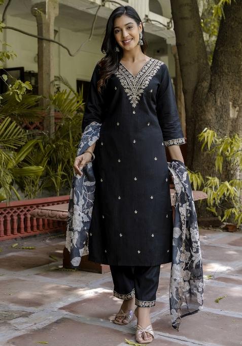 Black Embroidered Viscose Salwar Kameez With Dupatta