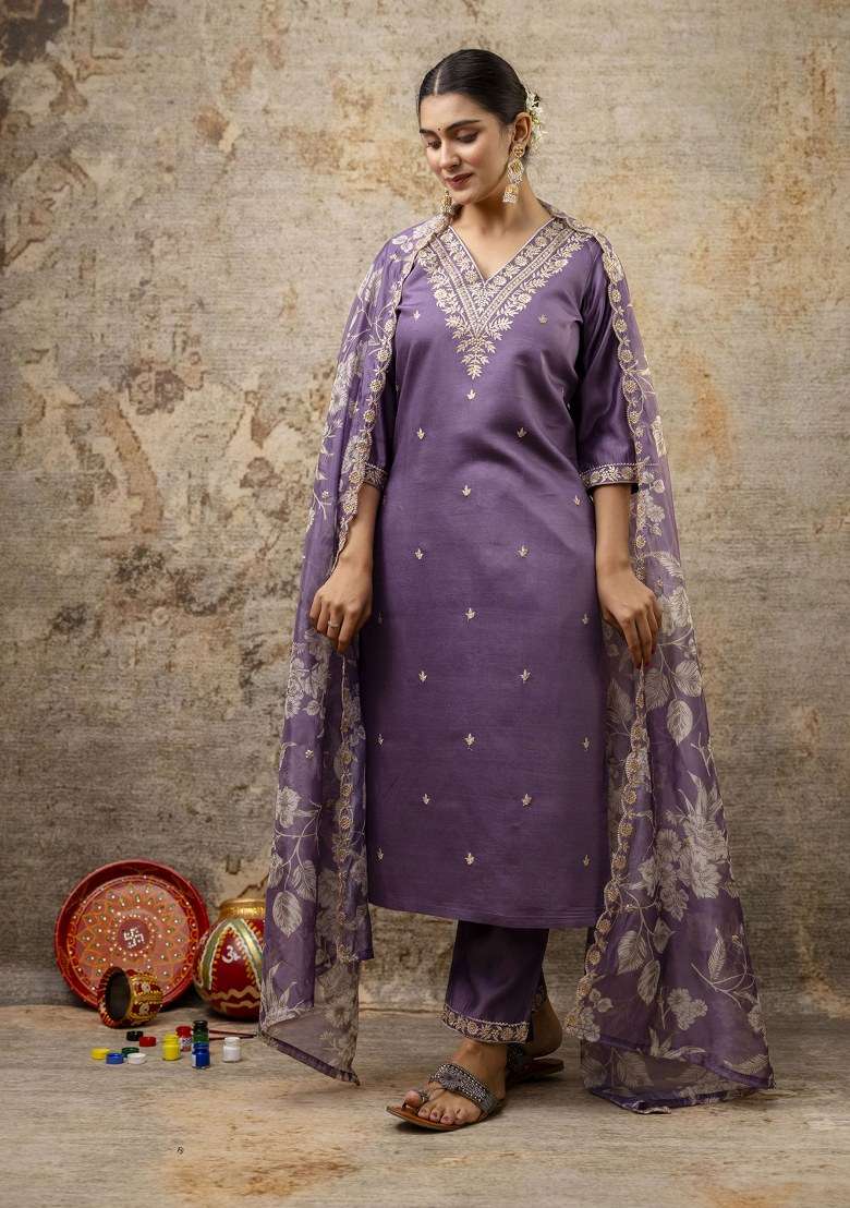 Lavender Embroidered Viscose Straight Kurta Set - Indya