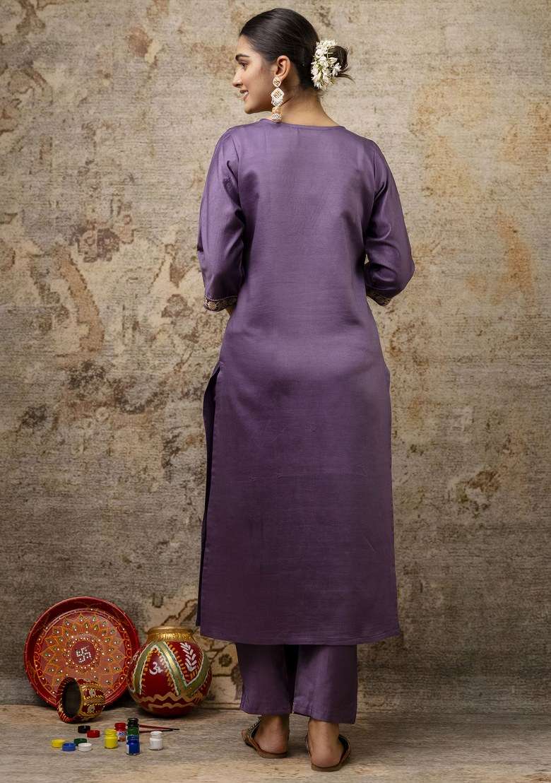 Lavender Embroidered Viscose Straight Kurta Set - Indya