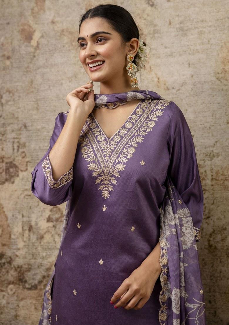 Lavender Embroidered Viscose Salwar Kameez With Dupatta