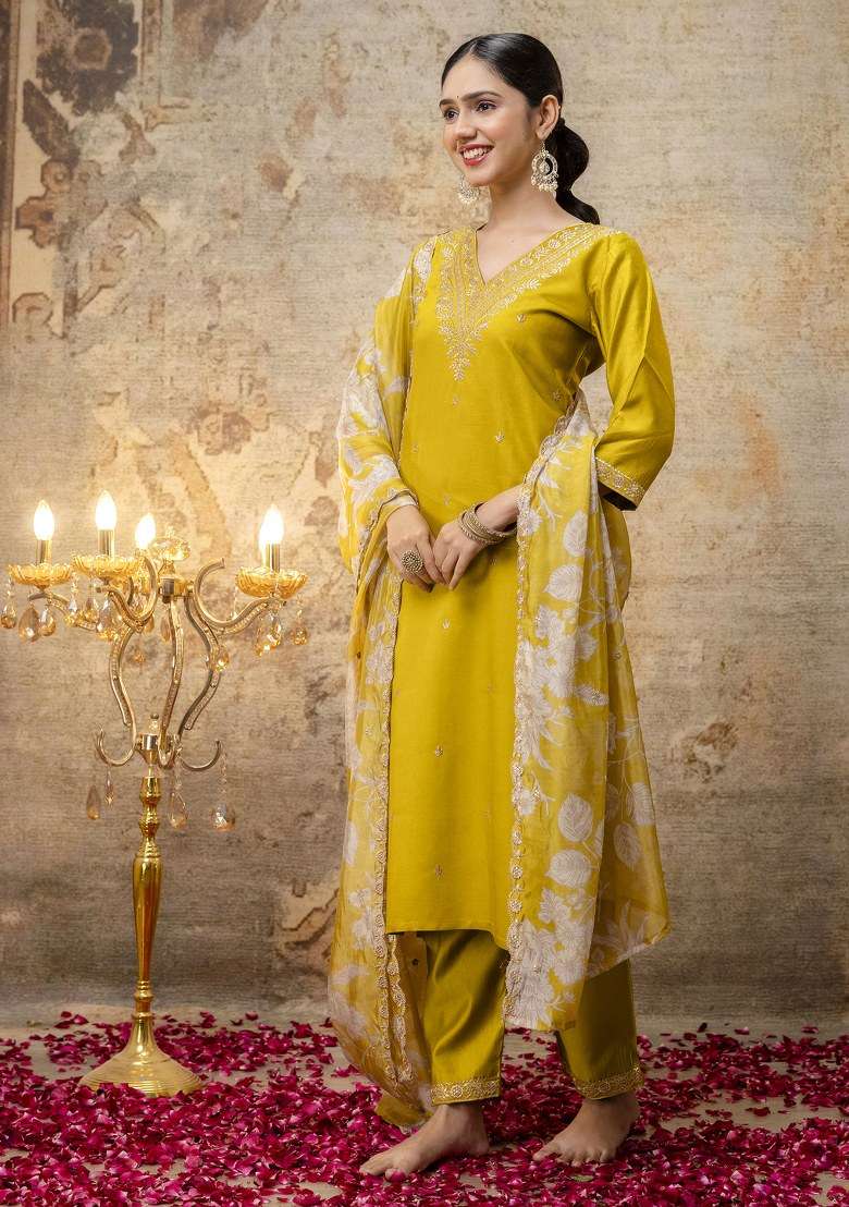 Yellow Embroidered Viscose Straight Kurta Set - Indya