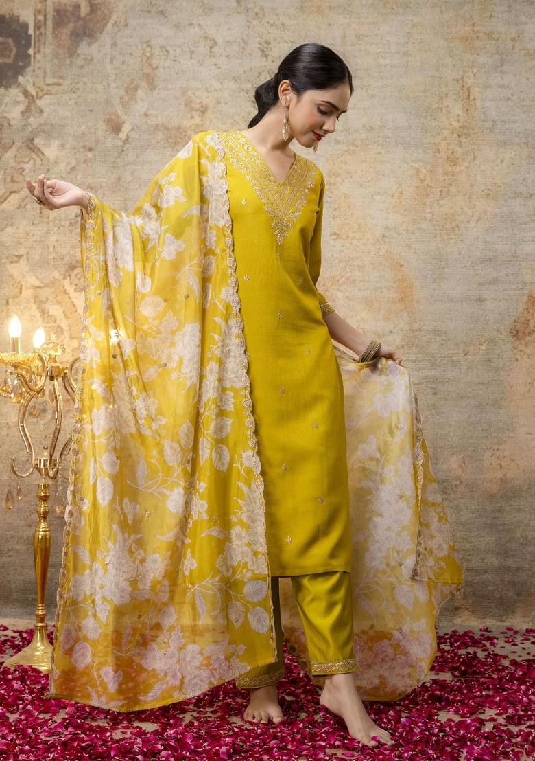 Yellow Embroidered Viscose Salwar Kameez With Dupatta
