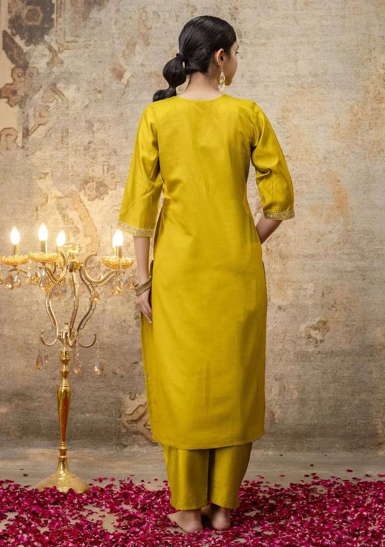 Yellow Embroidered Viscose Straight Kurta Set - Indya