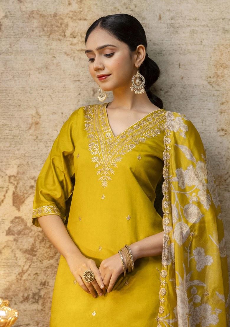 Yellow Embroidered Viscose Salwar Kameez With Dupatta