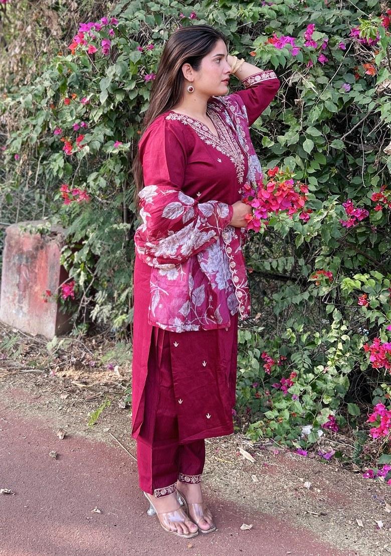 Maroon Embroidered Viscose Salwar Kameez With Dupatta