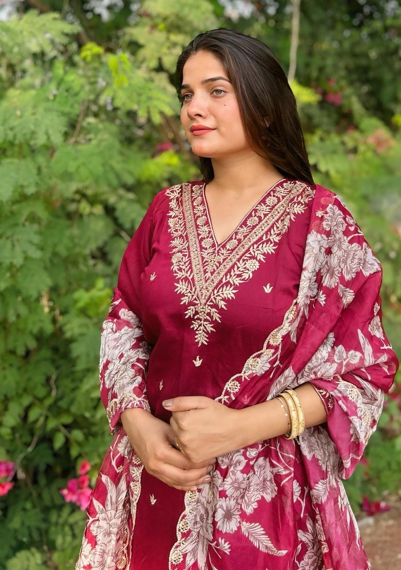 Maroon Embroidered Viscose Salwar Kameez With Dupatta
