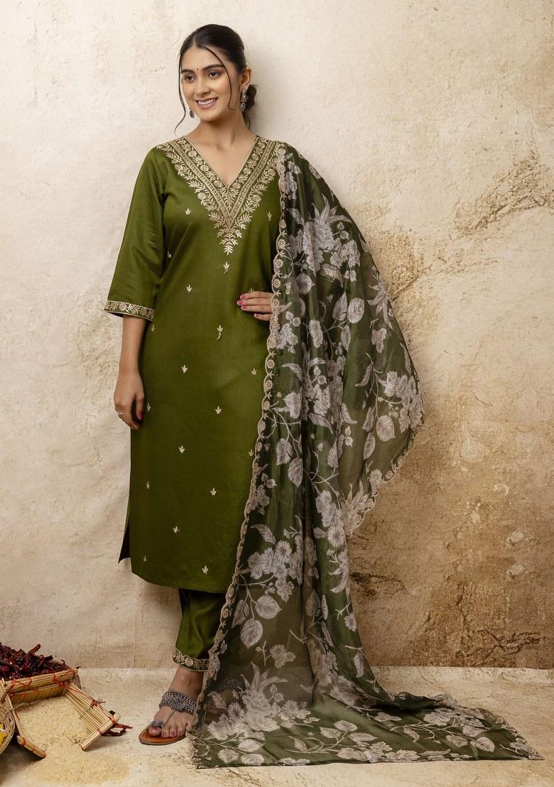 Green Embroidered Viscose Salwar Kameez With Dupatta