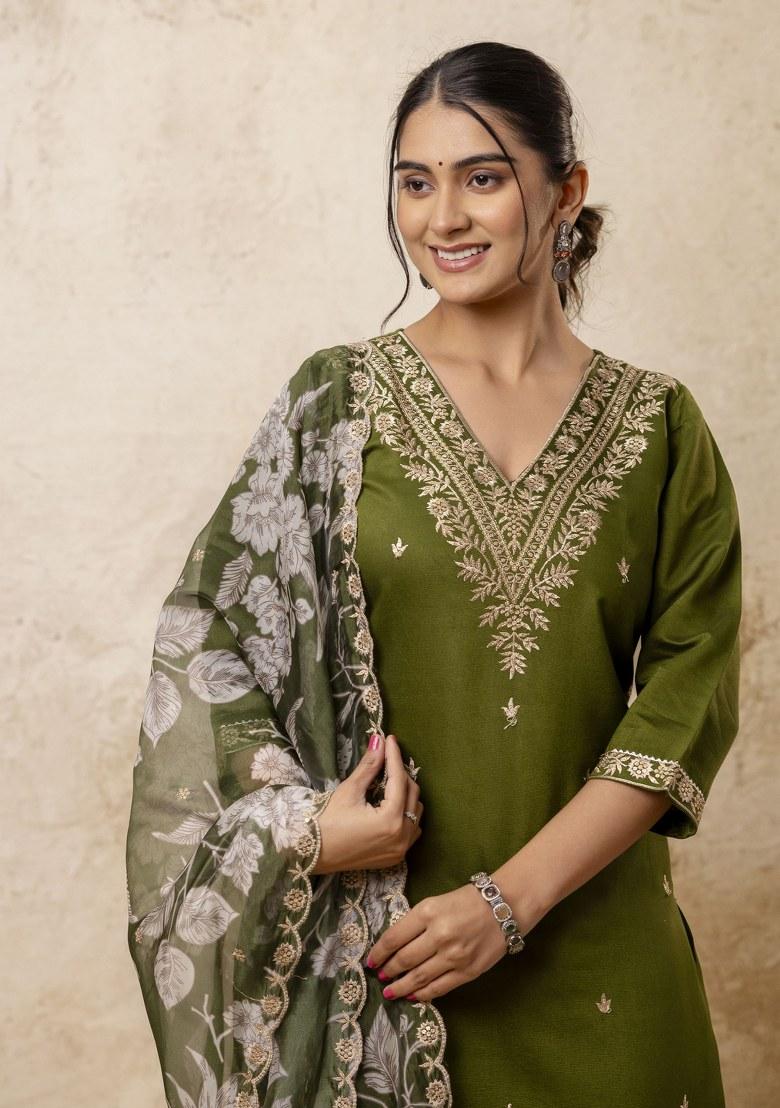 Green Embroidered Viscose Salwar Kameez With Dupatta