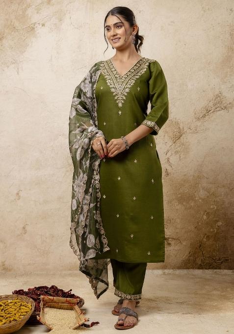 Green Embroidered Viscose Salwar Kameez With Dupatta