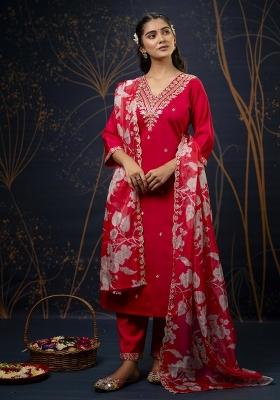 Pink Embroidered Viscose Salwar Kameez With Dupatta