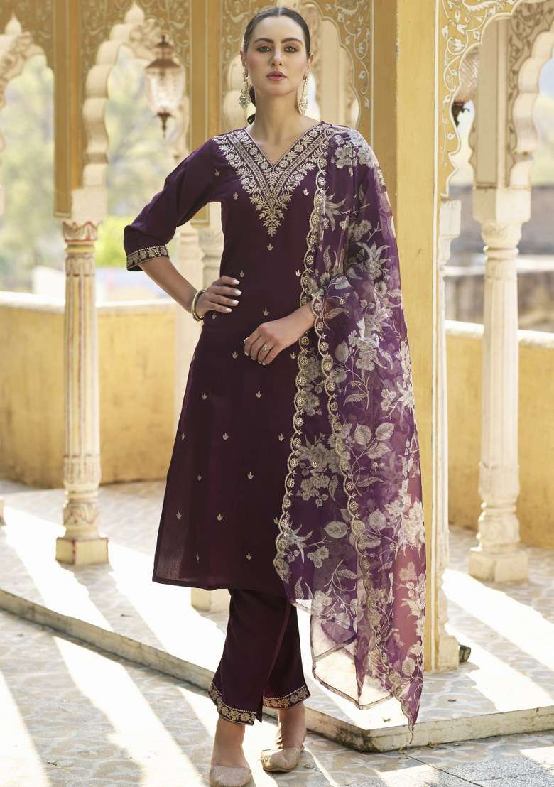 Purple Embroidered Viscose Straight Kurta Set - Indya