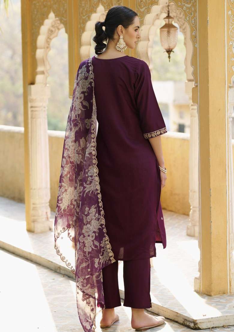 Purple Embroidered Viscose Straight Kurta Set - Indya